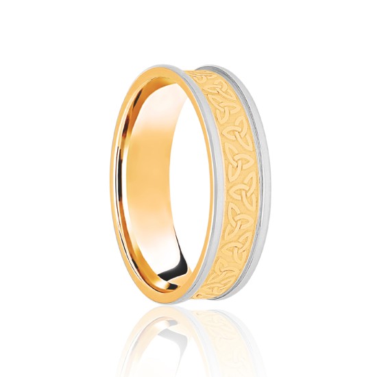 9ct Yellow & White Flat Court 7mm Celtic Laser Engraved Wedding Band