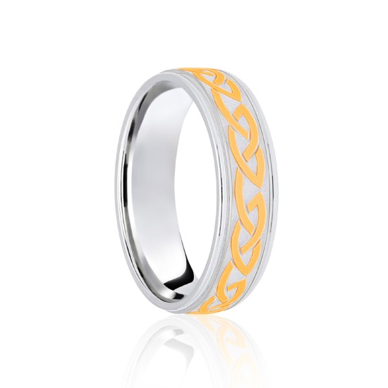 18ct White & Yellow Flat Court 8mm Celtic Laser Engraved Wedding Band