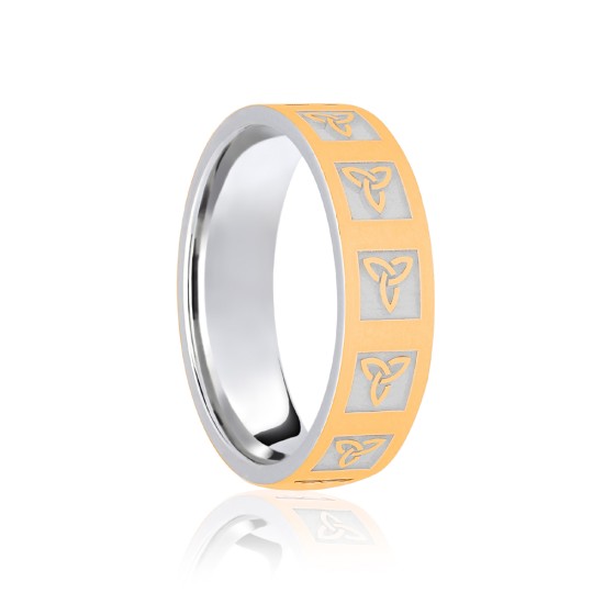 18ct White & Yellow Flat Court 7mm Celtic Laser Engraved Wedding Band