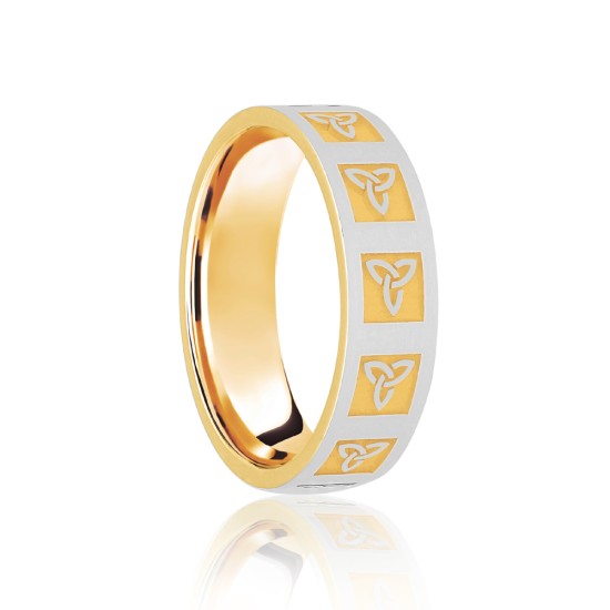 18ct Yellow & White Flat Court 7mm Celtic Laser Engraved Wedding Band