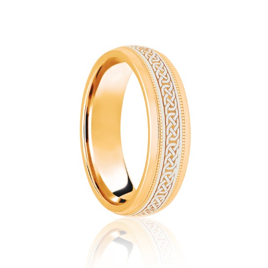 9ct Yellow & White Court 6mm Celtic Laser Engraved Wedding Band