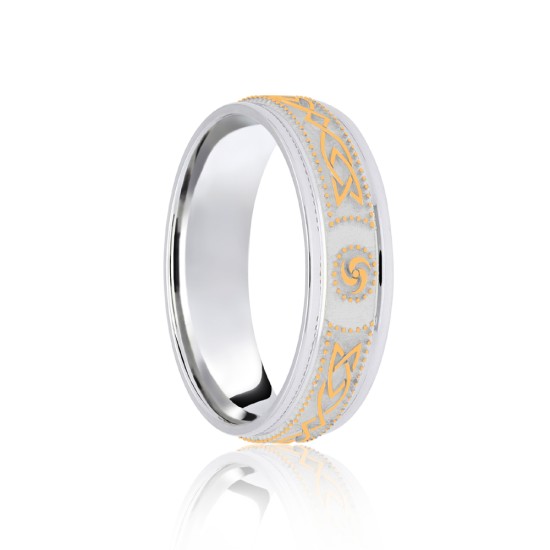 18ct White & Yellow Flat Court 5mm Celtic Laser Engraved Wedding Band