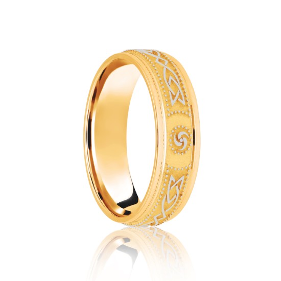 9ct Yellow & White Flat Court 5mm Celtic Laser Engraved Wedding Band