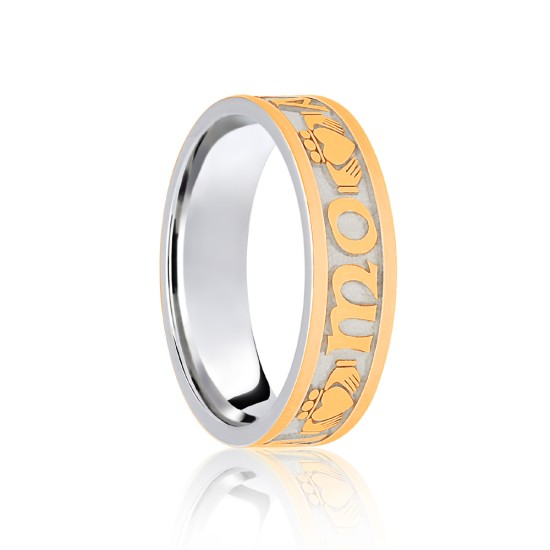 9ct White & Yellow Flat Court 7mm Celtic Laser Engraved Wedding Band