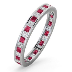 Platinum Channel Set Princess Cut Full Eternity Ring Natural Diamond 0.50ct Ruby 0.60ct G VS