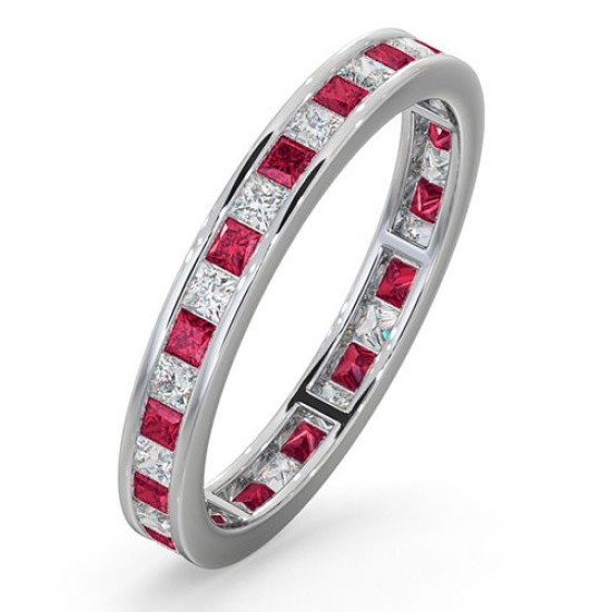 Platinum Channel Set Princess Cut Full Eternity Ring Natural Diamond 0.50ct Ruby 0.60ct G VS