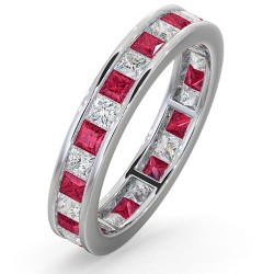 Platinum Channel Set Princess Cut Full Eternity Ring Natural Diamond 1.00ct Ruby 1.25ct G VS
