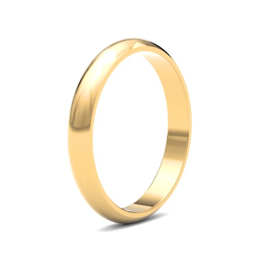 22ct Yellow Gold Standard Weight 3mm D Shaped Profile Mirror Finish Wedding Ring
