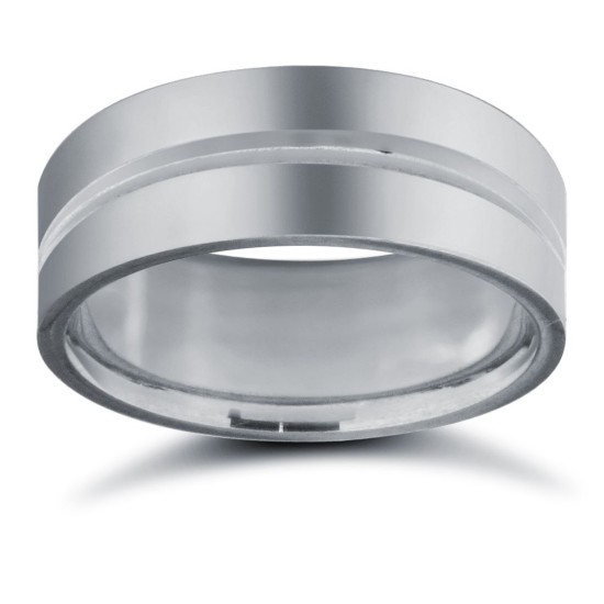 18ct White Gold Standard Weight Flat Court Profile Centre Groove Wedding Ring