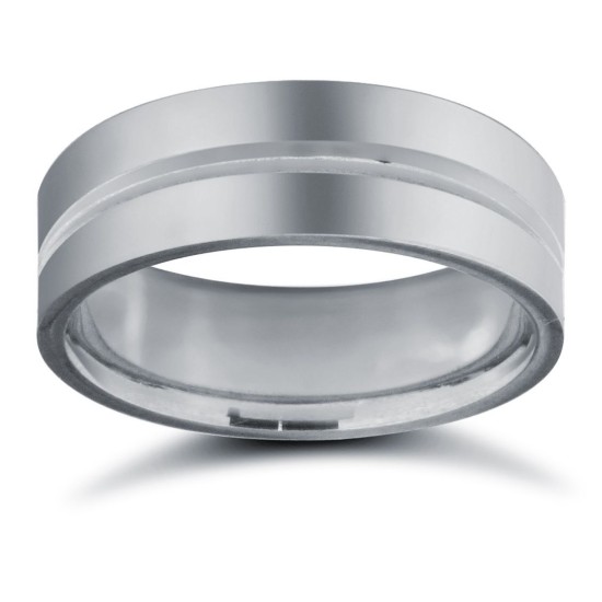 9ct White Gold Standard Weight Flat Court Profile Centre Groove Wedding Ring