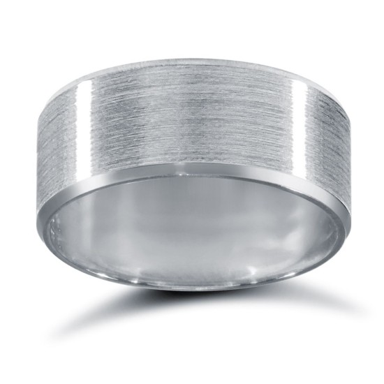 9ct White Gold Standard Weight Flat Court Profile Satin and Bevelled Edge Wedding Ring
