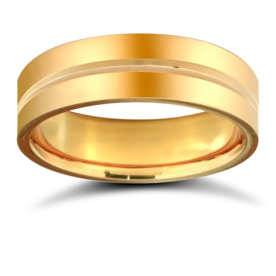 9ct Yellow Gold Standard Weight Flat Court Profile Centre Groove Wedding Ring