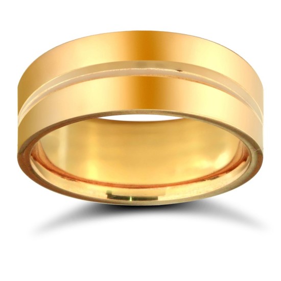 9ct Yellow Gold Standard Weight Flat Profile Centre Groove Wedding Ring