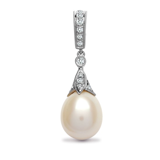 18ct White Gold Natural Diamond And Pearl Pendant