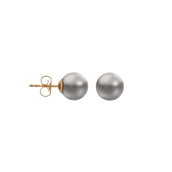 7.5-8mm premium quality grey cultured pearl Stud Earrings with a 9ct yellow gold post and butterfly fitting.