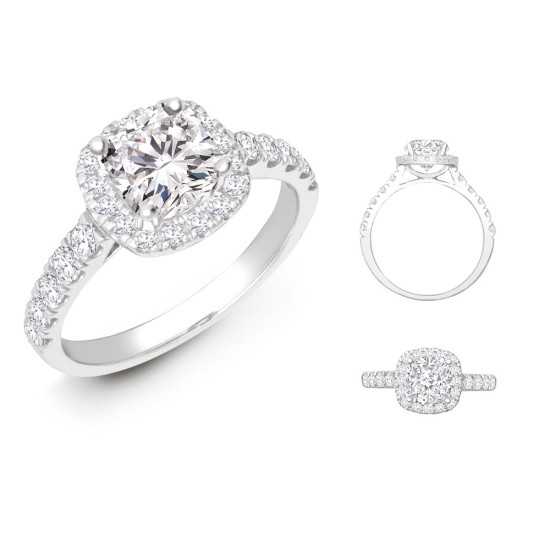 18ct White Gold 0.33ct Natural Diamond Micro-set Cushion-shaped Halo and Shoulders Wed-fit Ring Mount + 0.25ct Diamond