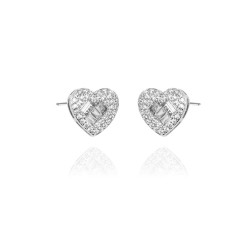925 Silver CZ Brilliant and Baguette Cut Heart Stud Earrings 925 Silver CZ Brilliant and Baguette Cut Heart Stud Earrings