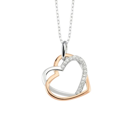 925 Silver CZ Set Double Heart Necklace