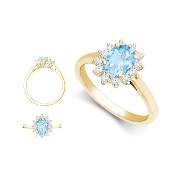 18ct Yellow Gold 0.62ct Natural Diamond Claw-set Cluster Halo Oval Ring - Holds 8x6mm Aquamarine 1.25cts