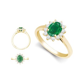 18ct Yellow Gold 0.35ct Natural Diamond Claw-set Cluster Halo Oval Ring - Holds 7x5mm Emerald 0.75cts
