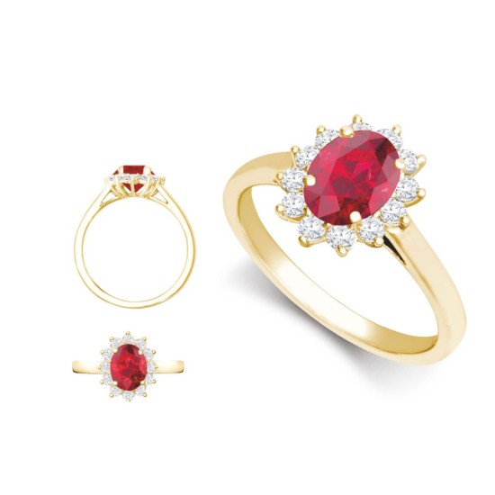 18ct Yellow Gold 0.35ct Natural Diamond Claw-set Cluster Halo Oval Ring - Holds 7x5mm Ruby 0.75cts