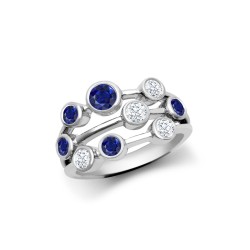 18ct White Gold 0.35cts Natural Diamond 0.89cts Sapphire 3 Row Bubble Ring