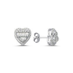 925 Silver CZ Brilliant and Baguette Cut Heart Stud Earrings 925 Silver CZ Brilliant and Baguette Cut Heart Stud Earrings