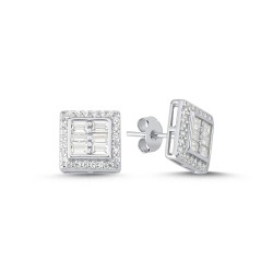 925 Silver CZ Brilliant and Baguette Cut Square Stud Earrings 925 Silver CZ Brilliant and Baguette Cut Square Stud Earrings