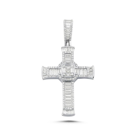 925 Silver Large CZ Brilliant and Baguette Cut Cross