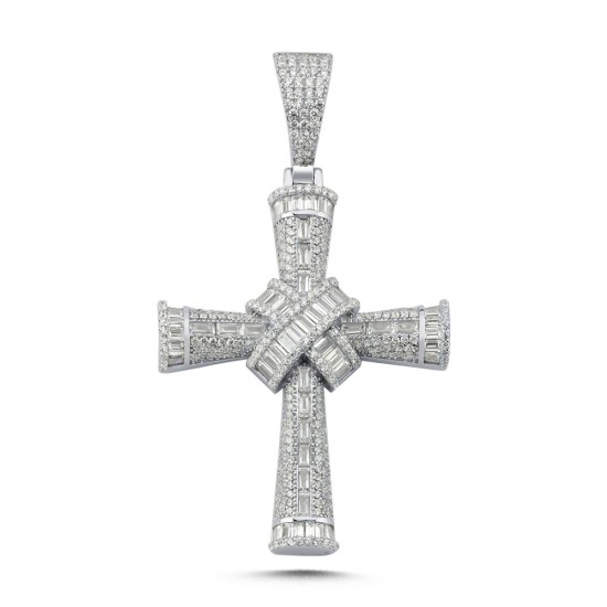 925 Silver Large CZ Brilliant and Baguette Cut Cross