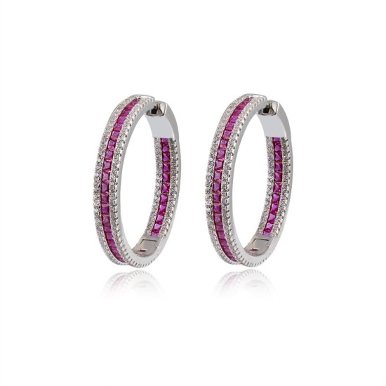 925 Silver Red & White CZ Set Hoop Earrings 18mm