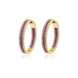 925 Silver Gold Plated Red & White CZ Set Hoop Earrings 18mm