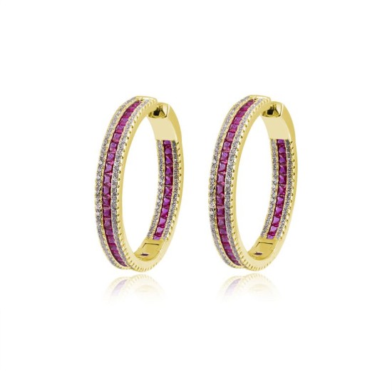 925 Silver Gold Plated Red & White CZ Set Hoop Earrings 18mm