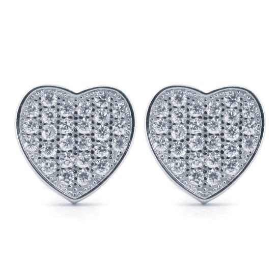 925 Silver Rhodium Plated CZ Set Heart Stud Earrings