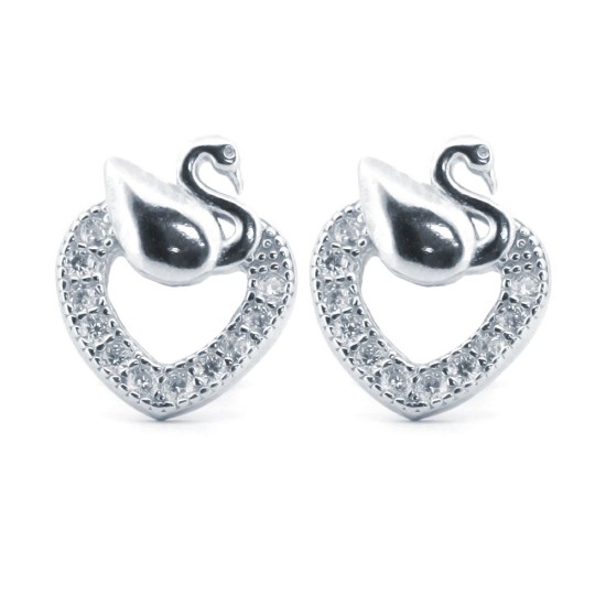 925 Silver Rhodium Plated CZ Set Heart Stud Earrings