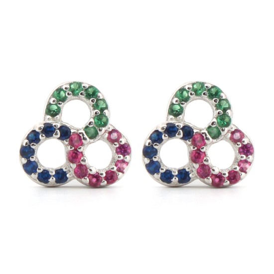 925 Silver Rhodium Plated Multi Col CZ Stud Earrings