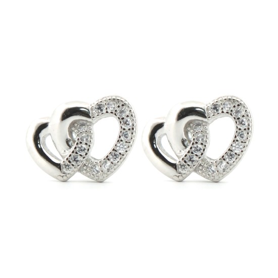 925 Silver Rhodium Plated CZ Set Heart Stud Earrings