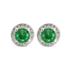 925 Silver Rhodium Halo Stud Earrings Emerald Centre CZ