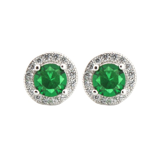 925 Silver Rhodium Halo Stud Earrings Emerald Centre CZ