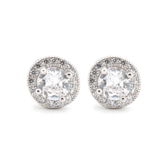 925 Silver Rhodium Halo CZ Stud Earrings White