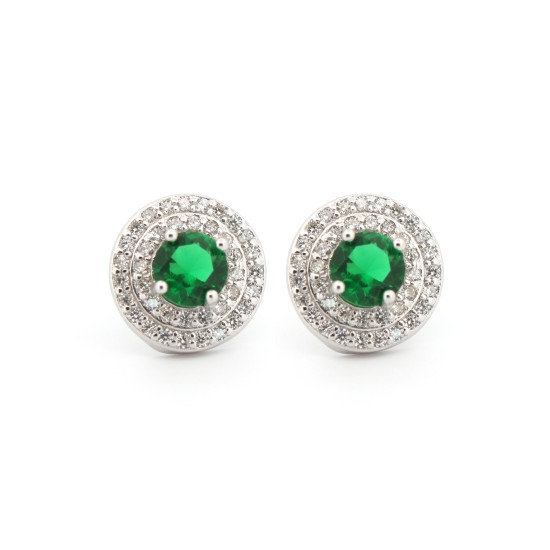 925 Silver Rhodium Halo Stud Earrings Emerald Centre CZ