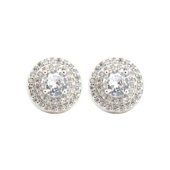 925 Silver Rhodium Halo CZ Stud Earrings White