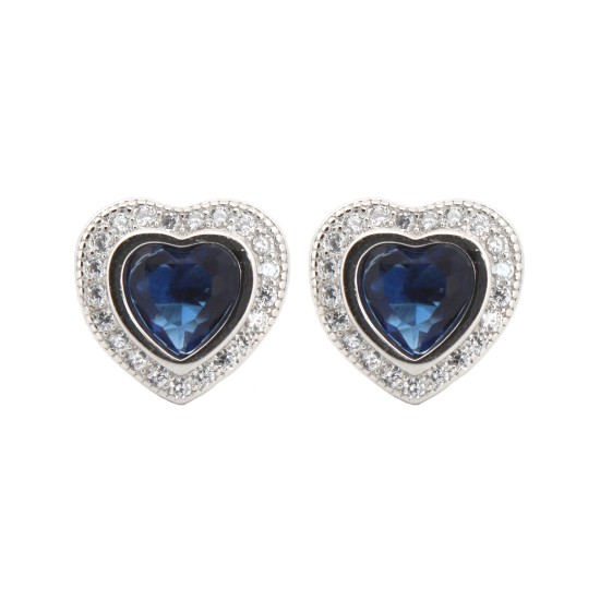 925 Silver Rhodium Heart Shape Stud Earrings Sapphire Centre CZ