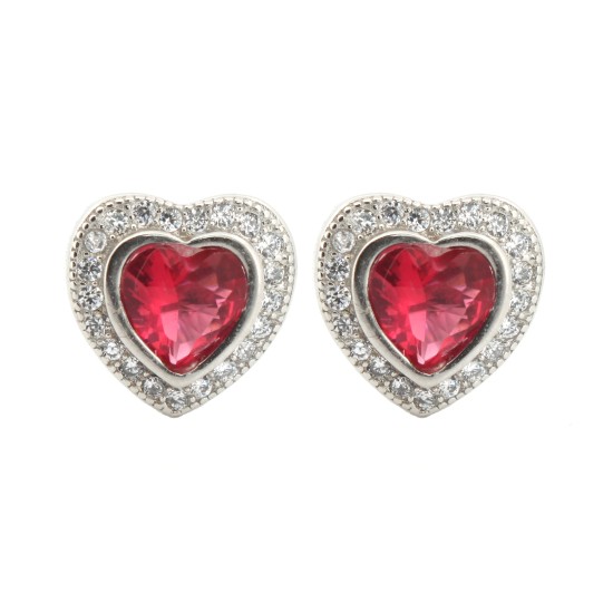 925 Silver Rhodium Heart Shape Stud Earrings Ruby Centre CZ