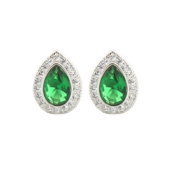 925 Silver Rhodium Pear Shape Stud Earrings Emerald Centre CZ