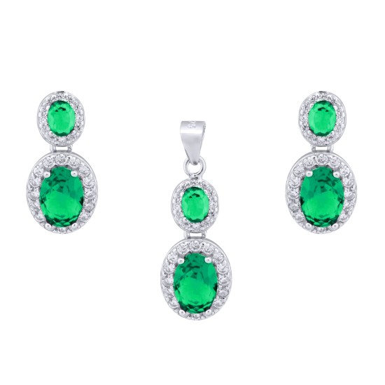 925 Silver Rhodium Princess Kate Emereld Centre CZ Earrings and Pendant Set