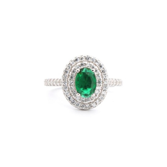 925 Silver Rhodium CZ Set Oval Cluster Emerald Green Centre