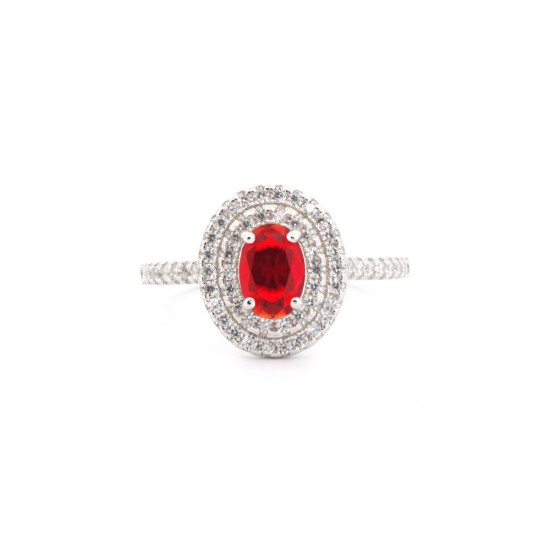 925 Silver Rhodium CZ Set Oval Cluster Ruby Red Centre