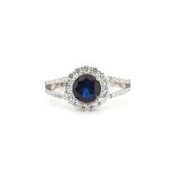 925 Silver Rhodium CZ Set Round Cluster Sapphire Blue Centre