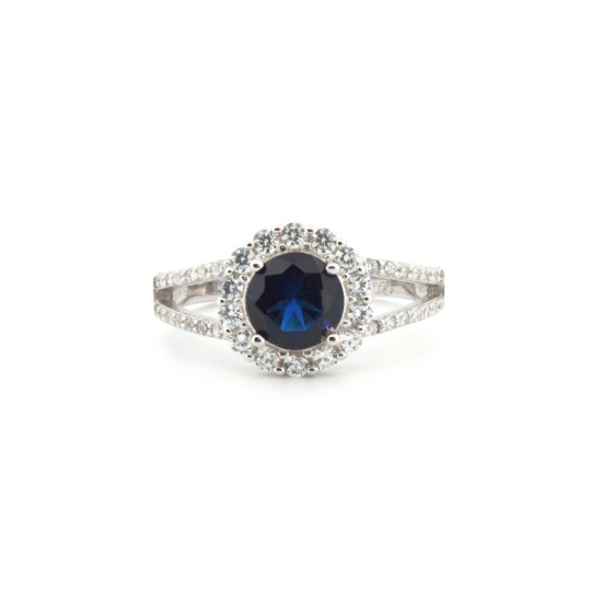 925 Silver Rhodium CZ Set Round Cluster Sapphire Blue Centre